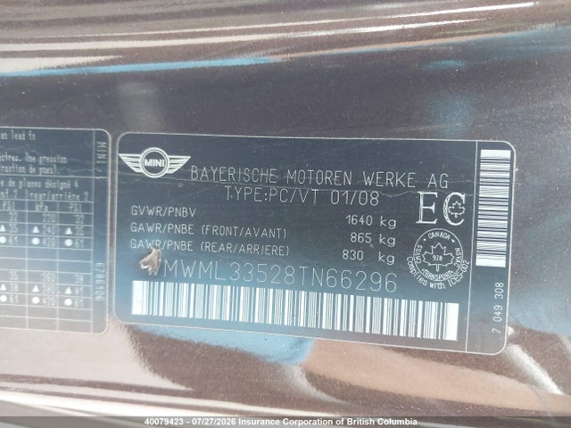 Aukcja sprzedaży 2008 Mini Cooper Clubman, vin: WMWML33528TN66296, numer aukcji: 40079423