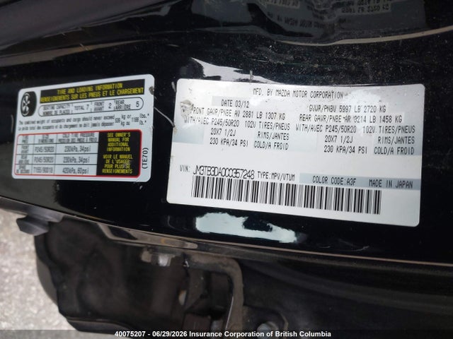 Продаж на аукціоні авто 2012 Mazda Cx-9, vin: JM3TB3DA0C0357248, номер лоту: 40075207