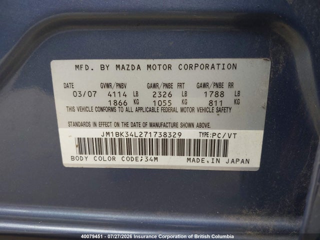 Aukcja sprzedaży 2007 Mazda Mazdaspeed3, vin: JM1BK34L271738329, numer aukcji: 40079451