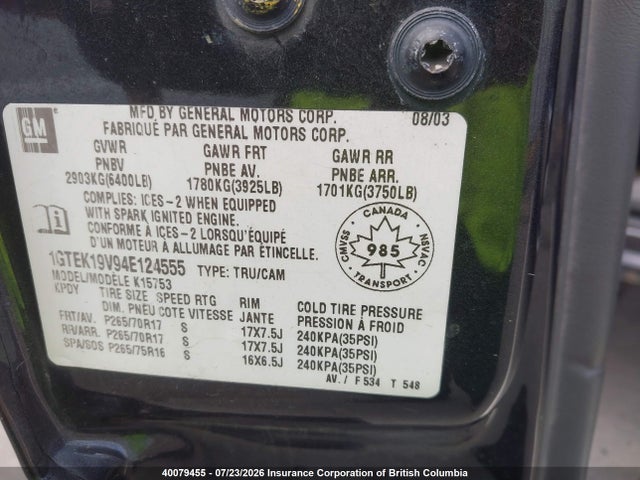 Aukcja sprzedaży 2004 Gmc Sierra 1500 Sl/sle/slt, vin: 1GTEK19V94E124555, numer aukcji: 40079455