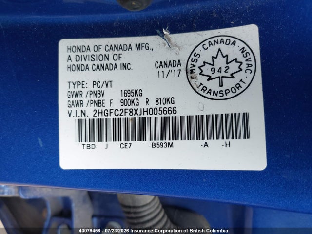 40079456 :رقم المزاد ، 2HGFC2F8XJH005666 vin ، 2018 Honda Civic مزاد بيع