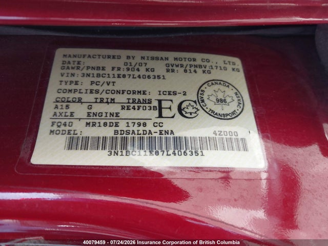 40079459 :رقم المزاد ، 3N1BC11E87L406351 vin ، 2007 Nissan Versa مزاد بيع