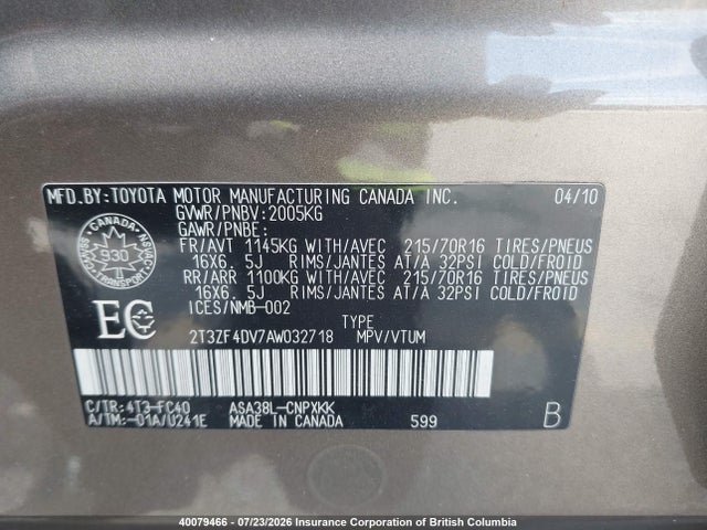 Aukcja sprzedaży 2010 Toyota Rav4, vin: 2T3ZF4DV7AW032718, numer aukcji: 40079466