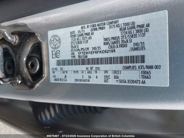 40079467 :رقم المزاد ، 1FTEW1EF6FKD52195 vin ، 2015 Ford F150 مزاد بيع