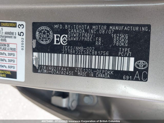 Продаж на аукціоні авто 2008 Toyota Corolla Ce/le/s, vin: 2T1BR32E58C881756, номер лоту: 40079468
