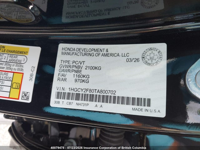 40079478 :رقم المزاد ، 1HGCY2F80TA800702 vin ، 2026 Honda Accord Touring Hybrid مزاد بيع