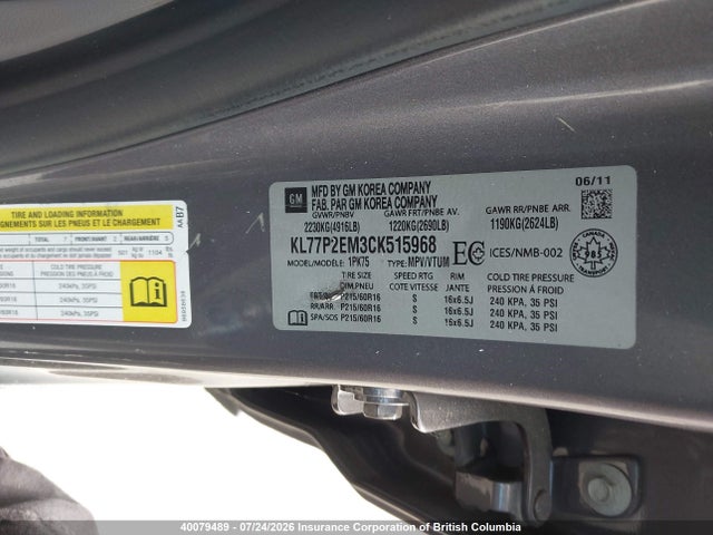 40079489 :رقم المزاد ، KL77P2EM3CK515968 vin ، 2012 Chevrolet Orlando Lt مزاد بيع