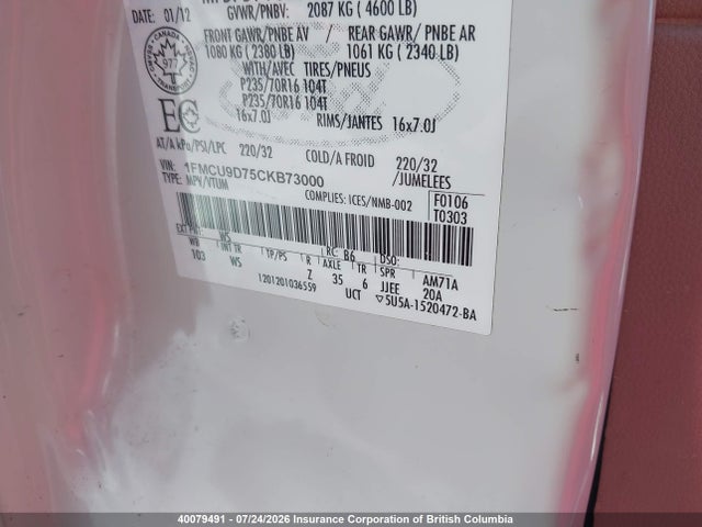 40079491 :رقم المزاد ، 1FMCU9D75CKB73000 vin ، 2012 Ford Escape Xlt مزاد بيع