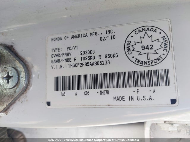 2010 Honda Accord Exl მანქანა იყიდება აუქციონზე, vin: 1HGCP2F85AA805233, აუქციონის ნომერი: 40076136
