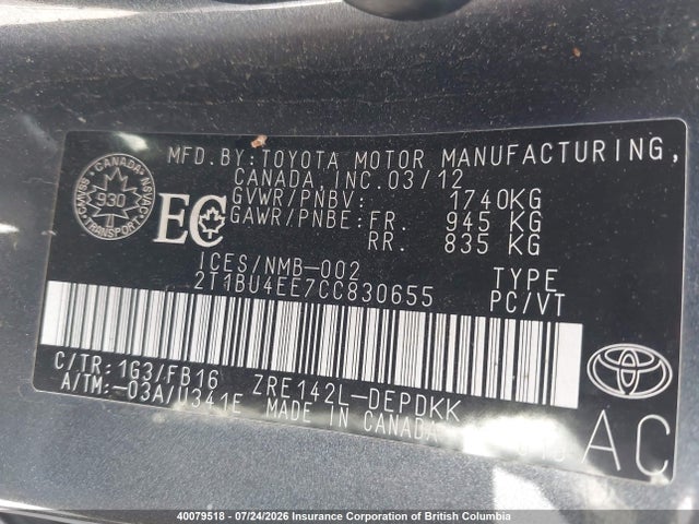 Продаж на аукціоні авто 2012 Toyota Corolla S/le, vin: 2T1BU4EE7CC830655, номер лоту: 40079518