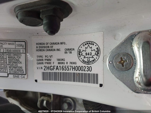 Aukcja sprzedaży 2007 Honda Civic, vin: 2HGFA16557H000230, numer aukcji: 40079520