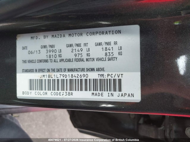 Aukcja sprzedaży 2013 Mazda 3 I, vin: JM1BL1L79D1842690, numer aukcji: 40079521