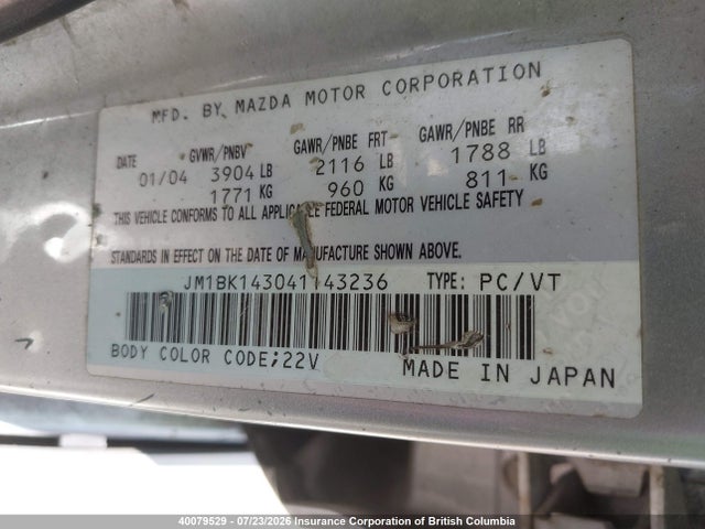 Продаж на аукціоні авто 2004 Mazda Mazda3 Gs/gt, vin: JM1BK143041143236, номер лоту: 40079529