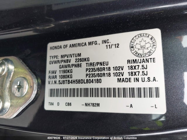 2013 Acura Rdx მანქანა იყიდება აუქციონზე, vin: 5J8TB4H58DL804180, აუქციონის ნომერი: 40079536