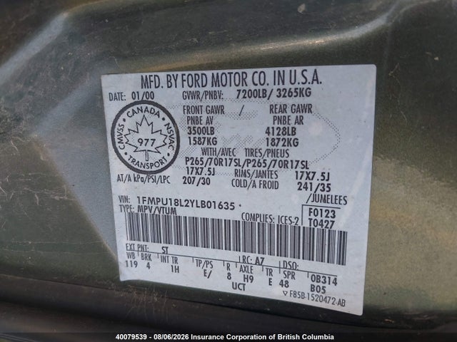 2000 Ford Expedition Eddie Bauer მანქანა იყიდება აუქციონზე, vin: 1FMPU18L2YLB01635, აუქციონის ნომერი: 40079539