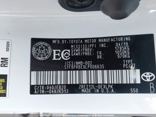 Продаж на аукціоні авто 2020 Toyota Corolla Le, vin: 5YFBPRBE0LP006635, номер лоту: 40079543