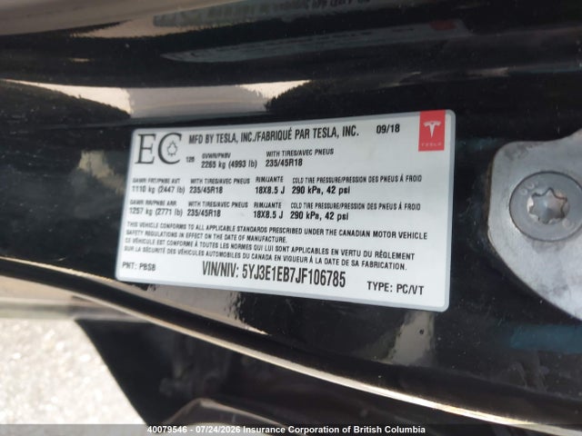 Продаж на аукціоні авто 2018 Tesla Model 3, vin: 5YJ3E1EB7JF106785, номер лоту: 40079546