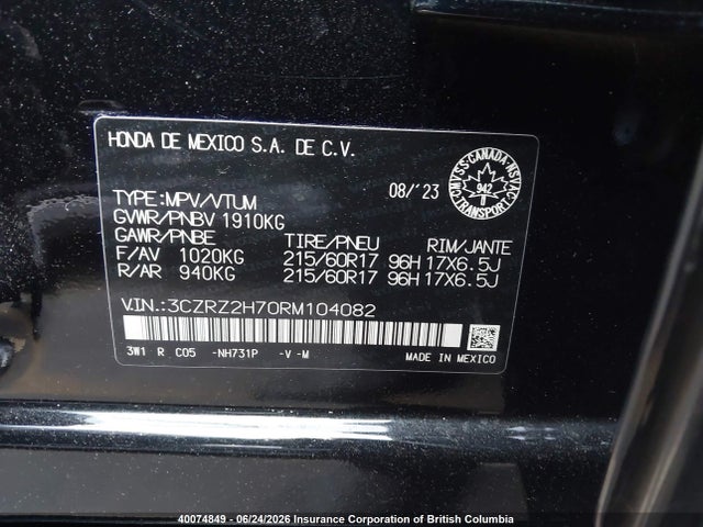 Aukcja sprzedaży 2024 Honda Hr-v Exl, vin: 3CZRZ2H70RM104082, numer aukcji: 40074849