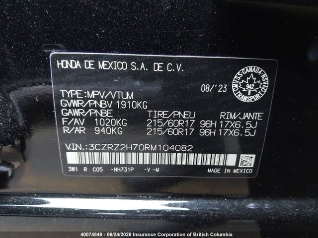 Aukcja sprzedaży 2024 Honda Hr-v Exl, vin: 3CZRZ2H70RM104082, numer aukcji: 40074849