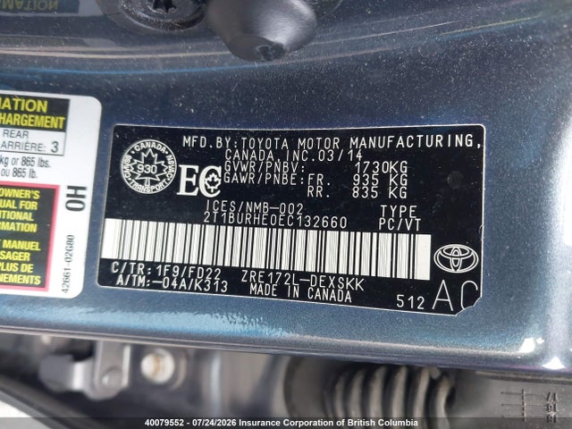 2T1BURHE0EC132660 Toyota Corolla L/le/le Pls/prm/s/s Pls