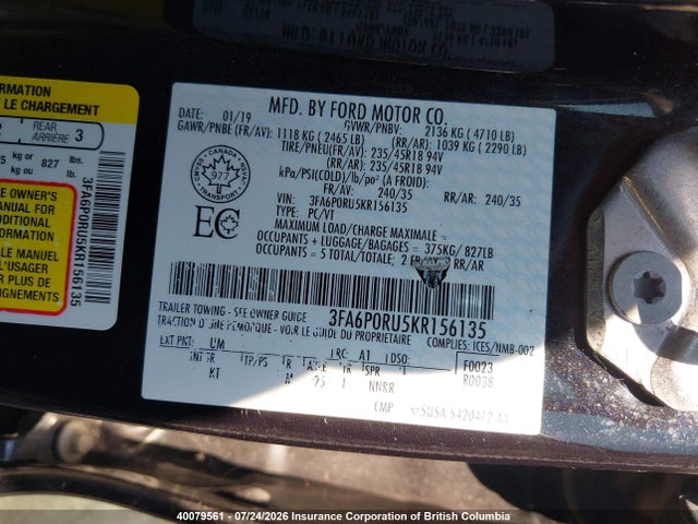Продажа на аукционе авто 2019 Ford Fusion Titanium, vin: 3FA6P0RU5KR156135, номер лота: 40079561