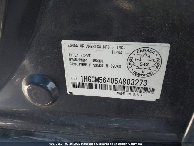 2005 Honda Accord Lx მანქანა იყიდება აუქციონზე, vin: 1HGCM56405A803273, აუქციონის ნომერი: 40079563