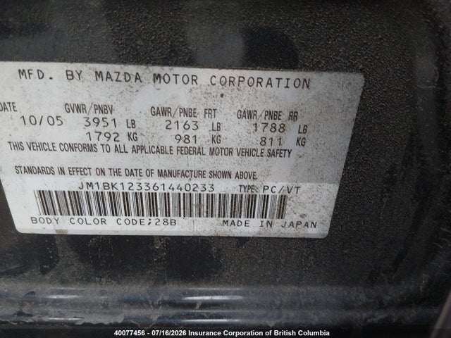 Продаж на аукціоні авто 2006 Mazda Mazda3 Gt, vin: JM1BK123361440233, номер лоту: 40077456