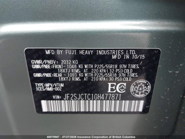 Продаж на аукціоні авто 2016 Subaru Forester 2.5i Touring, vin: JF2SJCTC1GH477871, номер лоту: 40079567