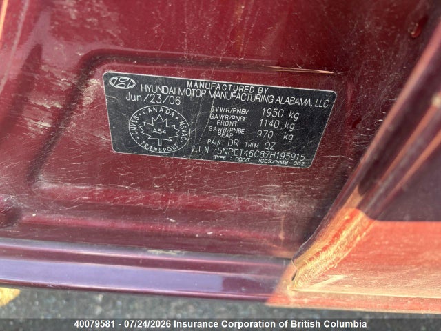 40079581 :رقم المزاد ، 5NPET46C87H195915 vin ، 2007 Hyundai Sonata Gl/gls مزاد بيع