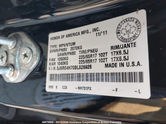 40079584 :رقم المزاد ، 5J6RE4H70BL826926 vin ، 2011 Honda Cr-v مزاد بيع