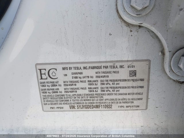 Aukcja sprzedaży 2021 Tesla Model Y, vin: 5YJYGDED4MF110932, numer aukcji: 40079603