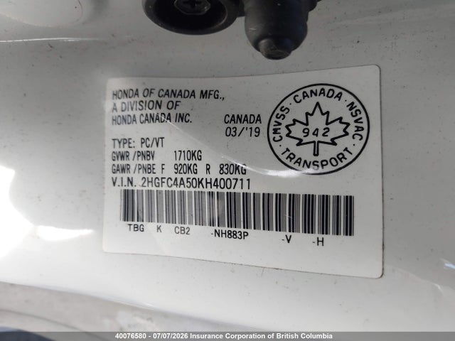 Honda Civic Lx 2019 2HGFC4A50KH400711 Image 9