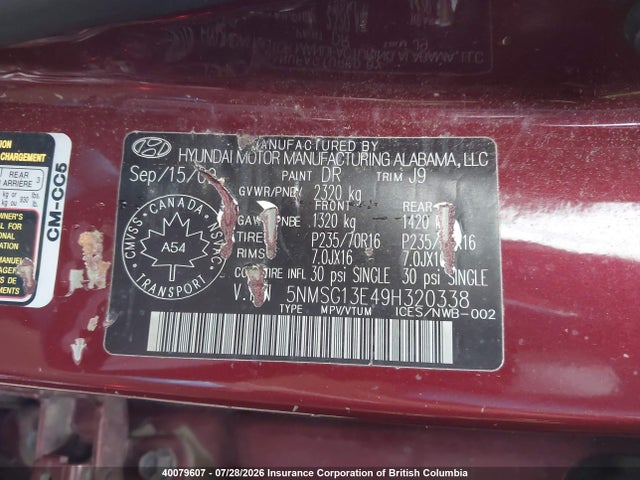 Продаж на аукціоні авто 2009 Hyundai Santa Fe Gl, vin: 5NMSG13E49H320338, номер лоту: 40079607