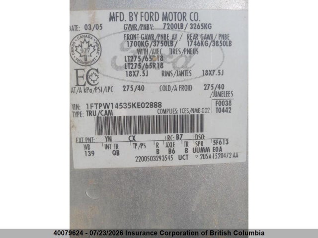 40079624 :رقم المزاد ، 1FTPW14535KE02888 vin ، 2005 Ford F150 مزاد بيع