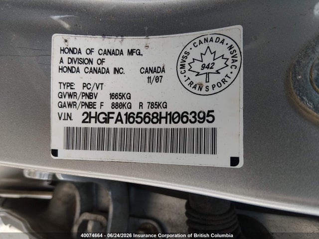 Продажа на аукционе авто 2008 Honda Civic Lx, vin: 2HGFA16568H106395, номер лота: 40074664