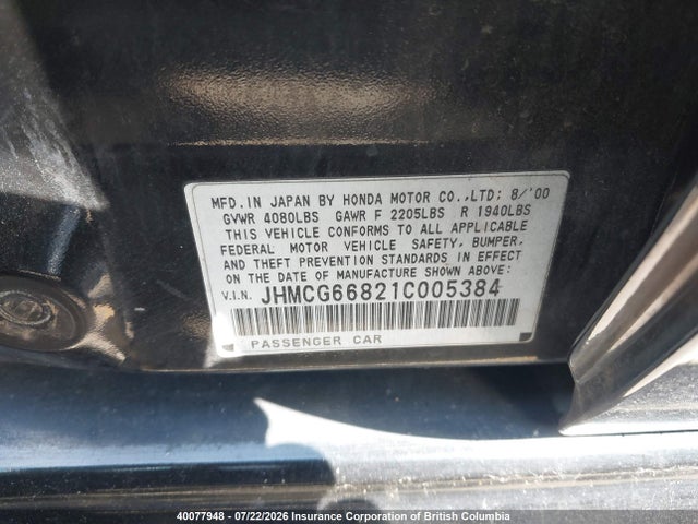 Aukcja sprzedaży 2001 Honda Accord Ex, vin: JHMCG66821C005384, numer aukcji: 40077948
