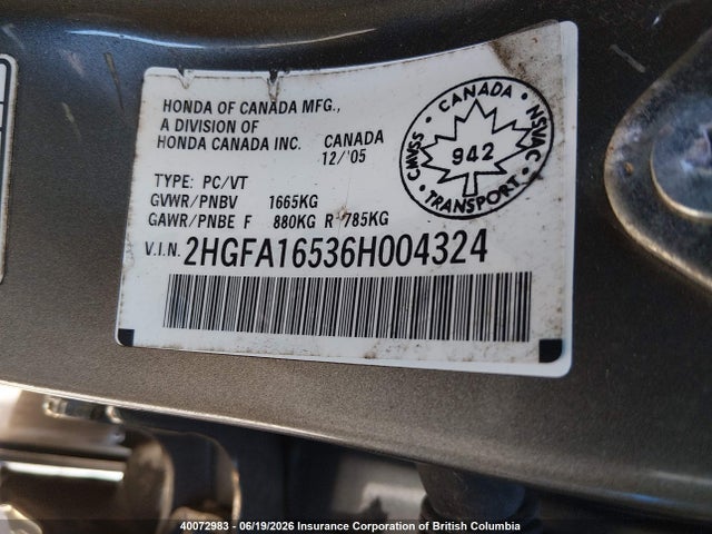 Aukcja sprzedaży 2006 Honda Civic Lx, vin: 2HGFA16536H004324, numer aukcji: 40072983