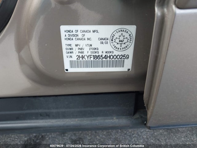 2004 Honda Pilot მანქანა იყიდება აუქციონზე, vin: 2HKYF18654H000259, აუქციონის ნომერი: 40079639