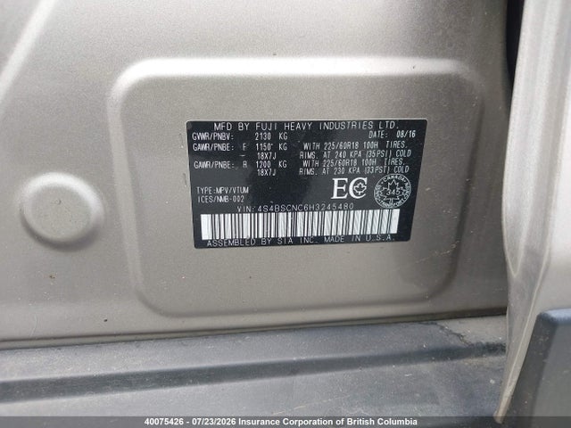 Subaru Outback 2.5i Limited 2017 4S4BSCNC6H3245480 Image 9
