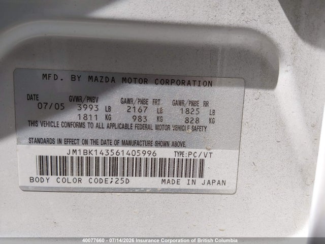 40077660 :رقم المزاد ، JM1BK143561405996 vin ، 2006 Mazda 3 Hatchback مزاد بيع