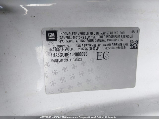 40079650 :رقم المزاد ، 1HA6GUBG1LN000020 vin ، 2020 Chevrolet Express Cutaway 4500 Van مزاد بيع