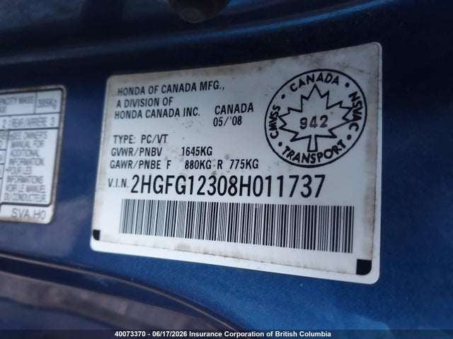2008 Honda Civic Dx-g მანქანა იყიდება აუქციონზე, vin: 2HGFG12308H011737, აუქციონის ნომერი: 40073370