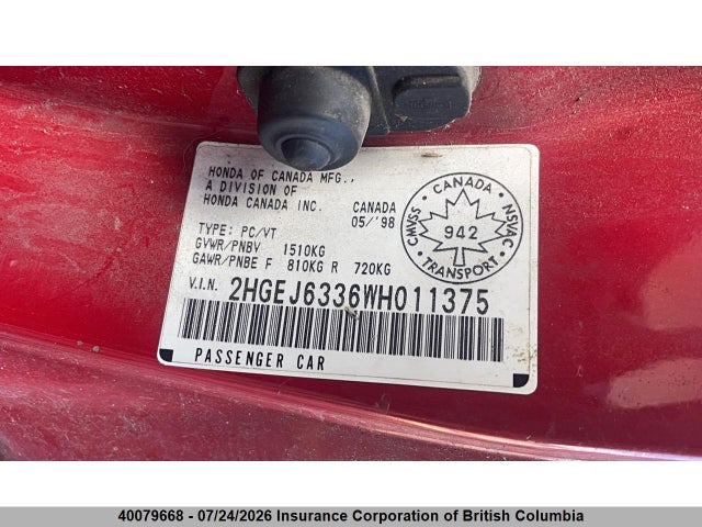 40079668 :رقم المزاد ، 2HGEJ6336WH011375 vin ، 1998 Honda Civic مزاد بيع