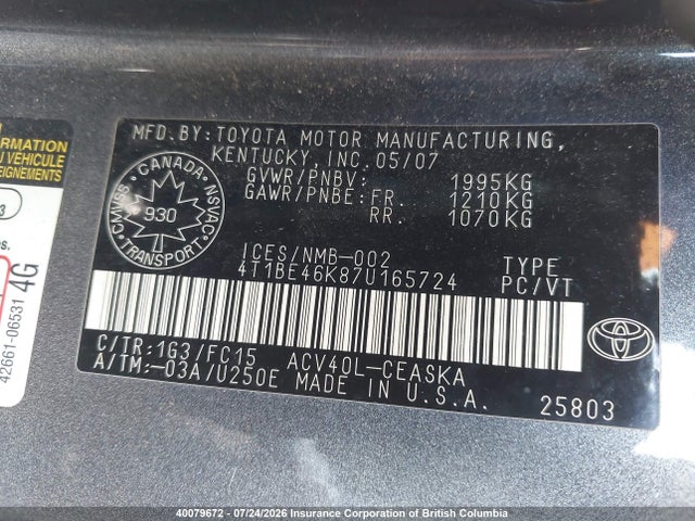 Продаж на аукціоні авто 2007 Toyota Camry, vin: 4T1BE46K87U165724, номер лоту: 40079672