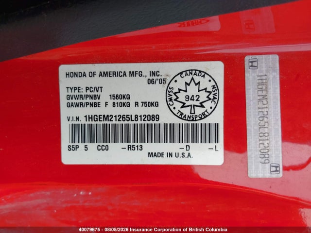 2005 Honda Civic მანქანა იყიდება აუქციონზე, vin: 1HGEM21265L812089, აუქციონის ნომერი: 40079675