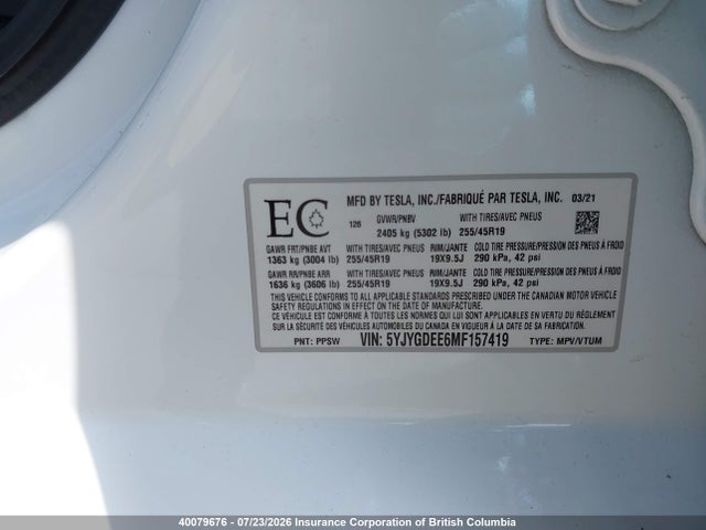 Aukcja sprzedaży 2021 Tesla Model Y, vin: 5YJYGDEE6MF157419, numer aukcji: 40079676