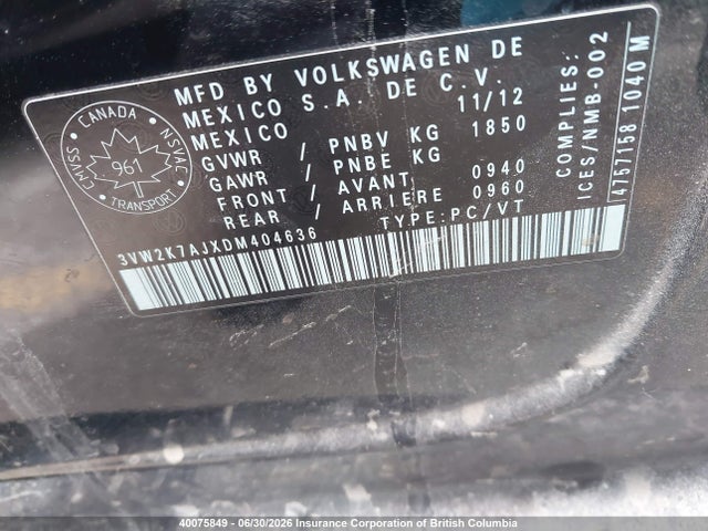 Продажа на аукционе авто 2013 Volkswagen Jetta S, vin: 3VW2K7AJXDM404636, номер лота: 40075849