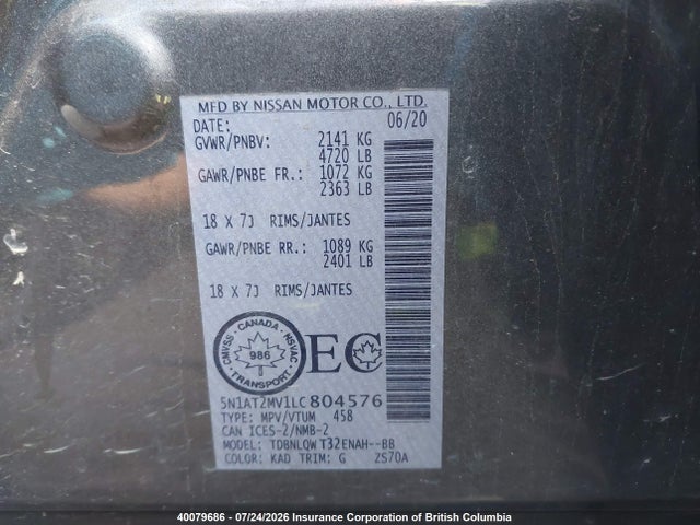 Продаж на аукціоні авто 2020 Nissan Rogue, vin: 5N1AT2MV1LC804576, номер лоту: 40079686