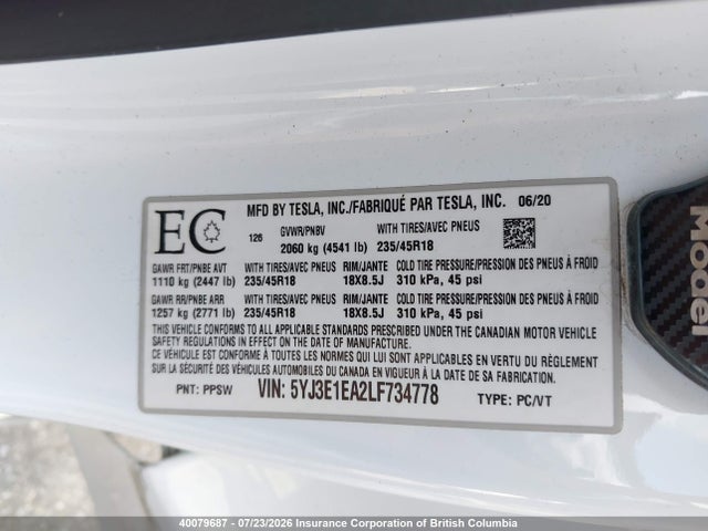 Tesla Model 3 Standard Range Plus 2020 5YJ3E1EA2LF734778 Image 9