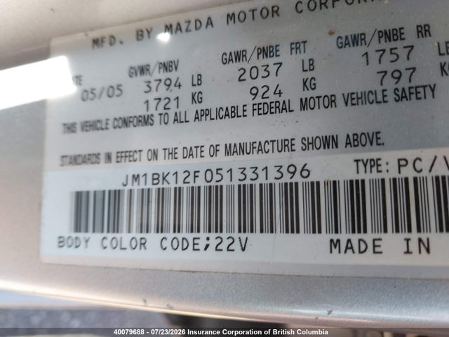 Продаж на аукціоні авто 2005 Mazda 3 I, vin: JM1BK12F051331396, номер лоту: 40079688